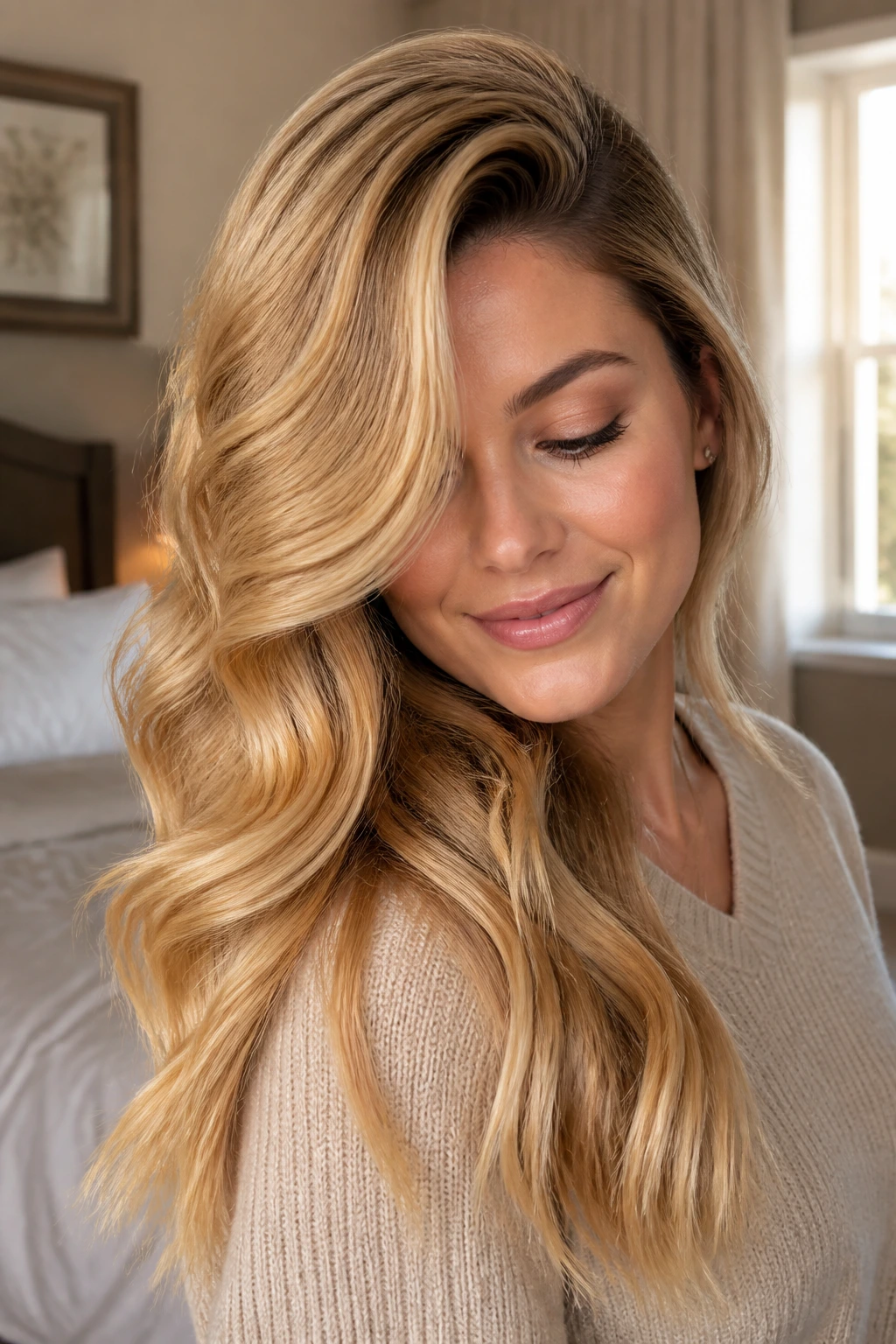Real woman with deep side part glam waves in honey blonde