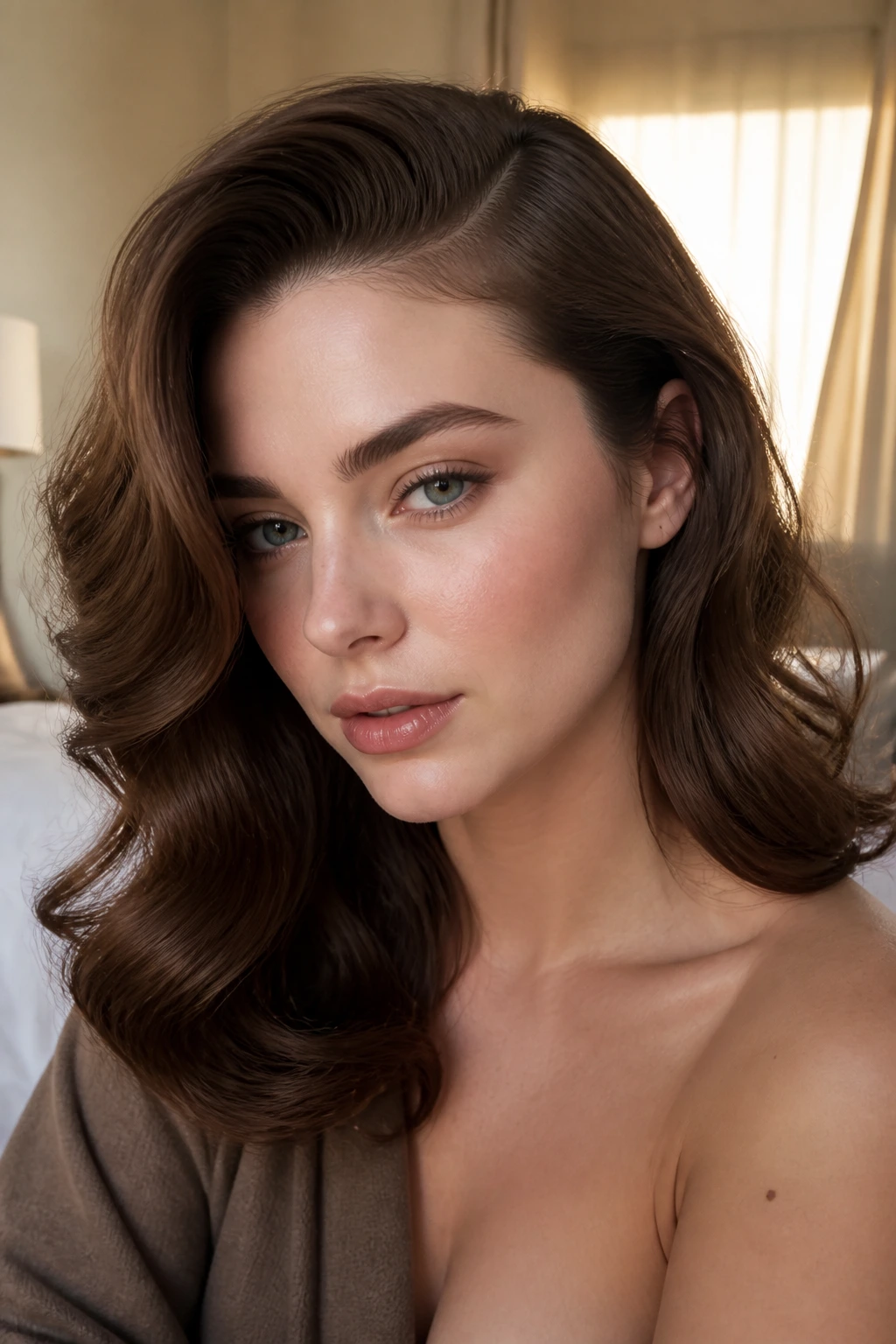Close-up of a real woman with deep side-part glam waves in mocha brunette, glossy finish