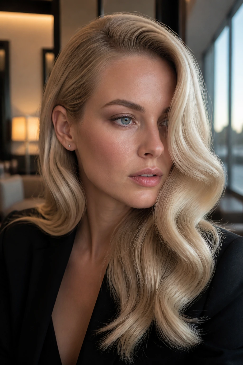 Portrait of a real woman with side-part glam waves in pearl blonde