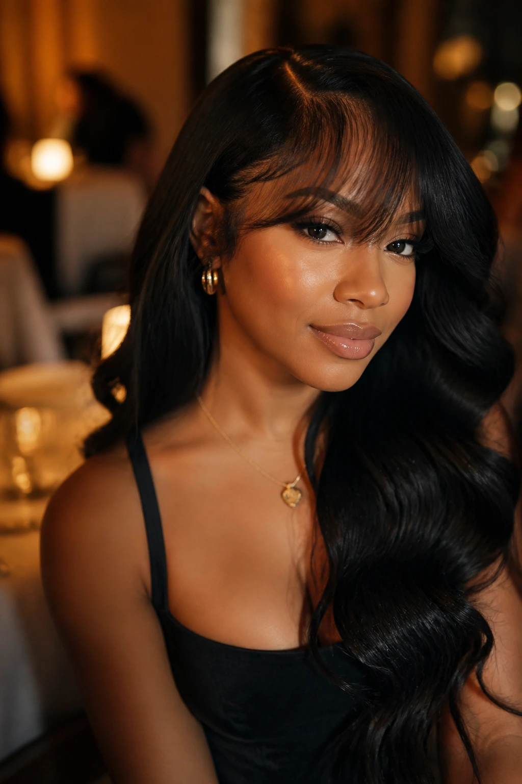 Portrait of a woman with side-brushed glam waves and a peekaboo bang