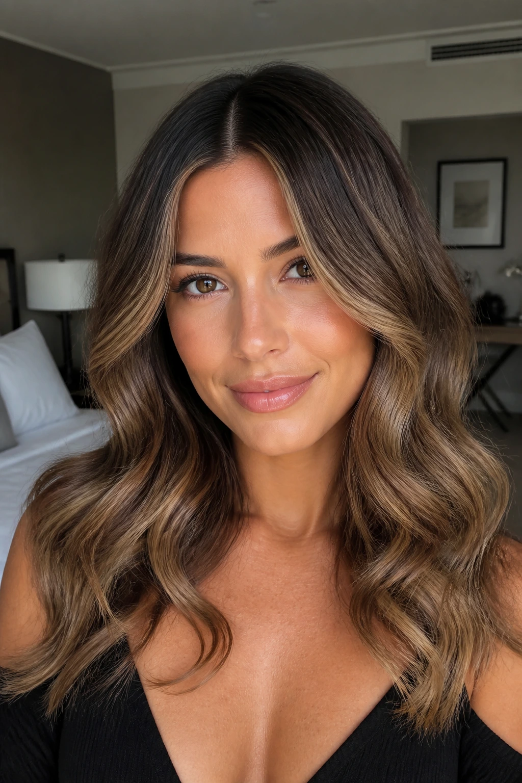 Real woman with center-part glam waves and dark root melt