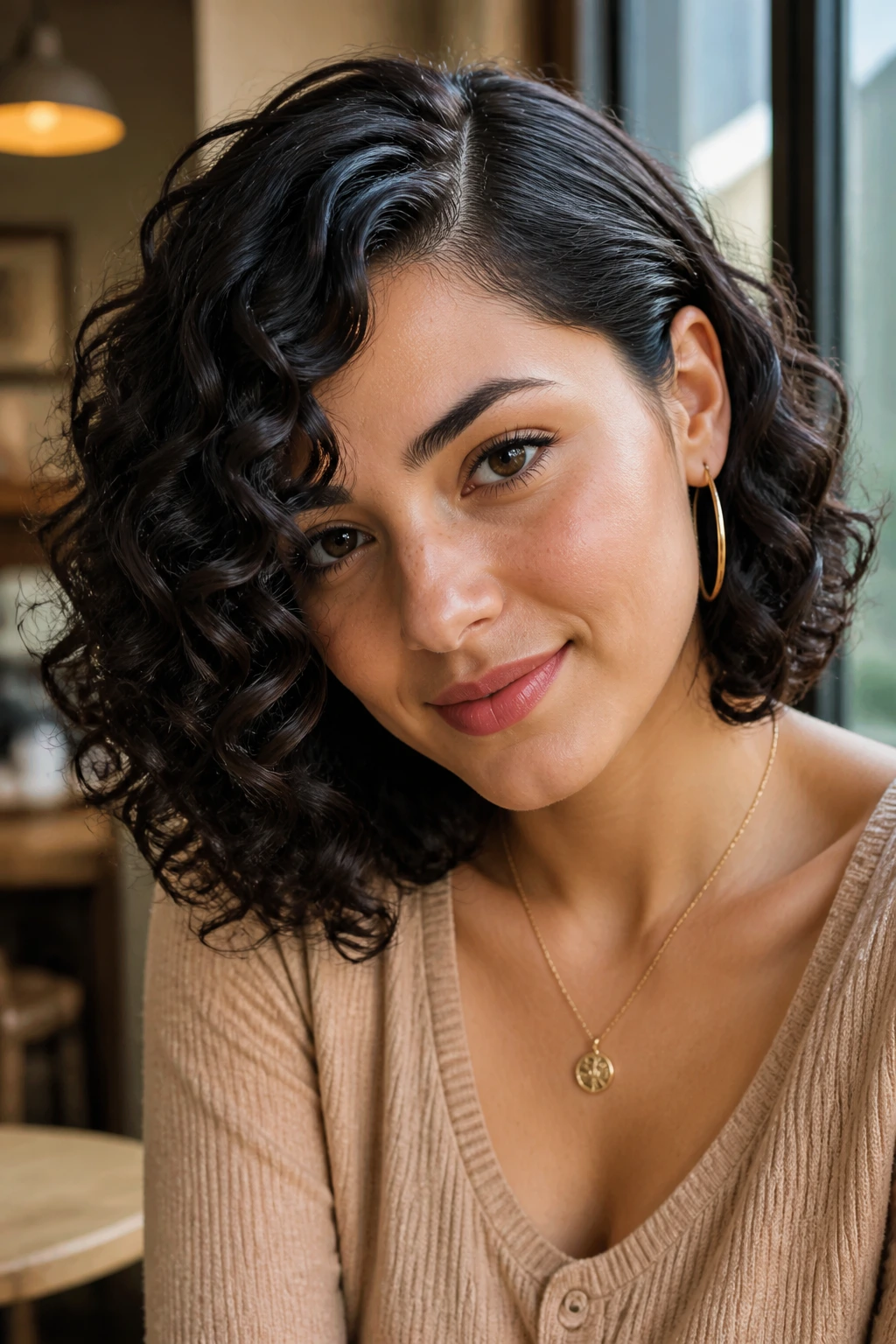 Close-up of a real woman with defined glam waves and a side part.
