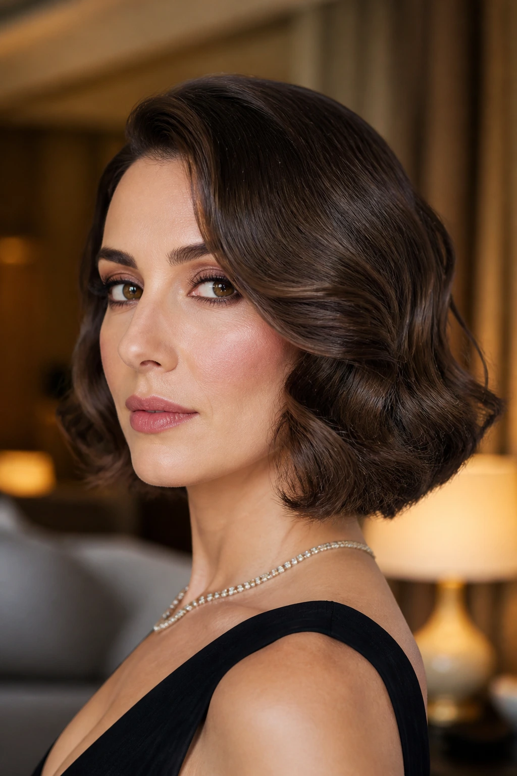 Real woman with brushed-out glamorous bob and loose Hollywood waves