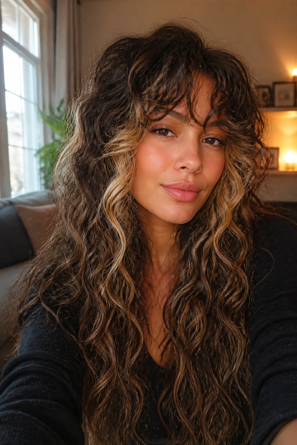 Close-up of a real woman with long curls and bright cheekbone panels in warm light