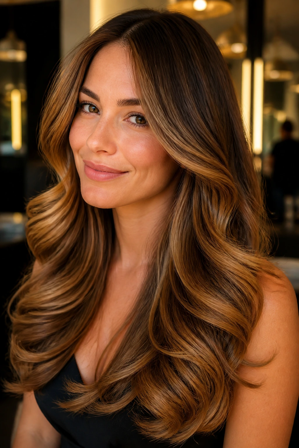 Close-up of a real woman with glamour layers and barrel curled finish with caramel highlights