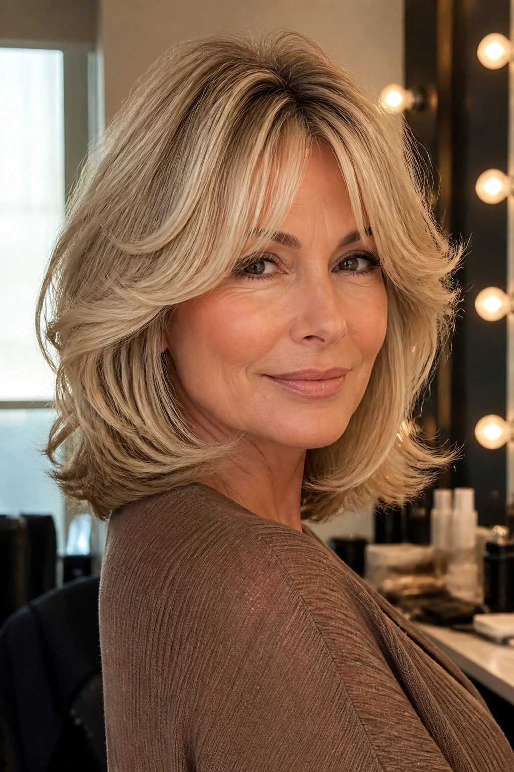 Close-up portrait of a real woman with glam blowout shag and big curtain bangs.
