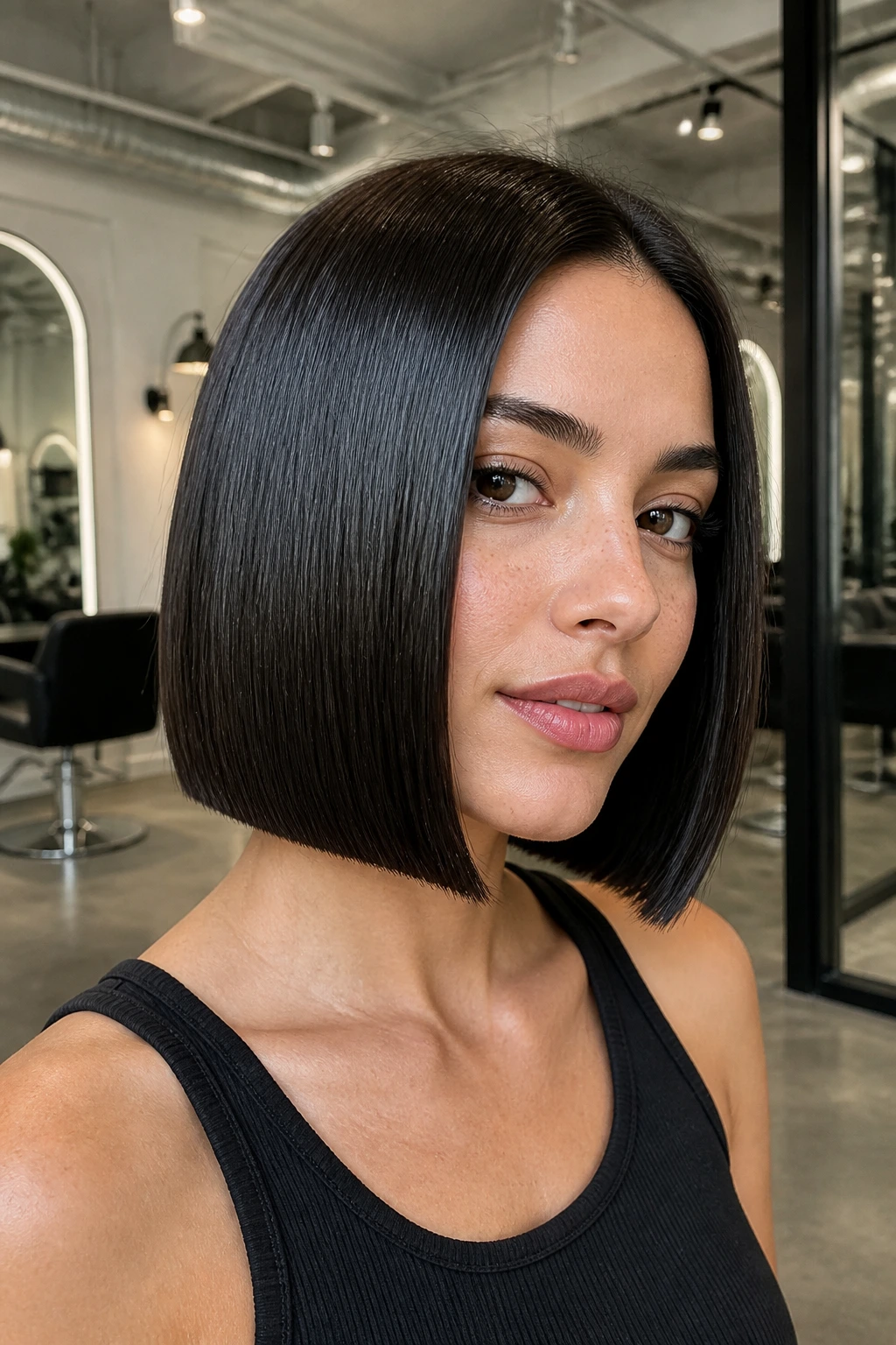 Close-up of a woman with a glass bob and a precise blunt edge in a modern salon.