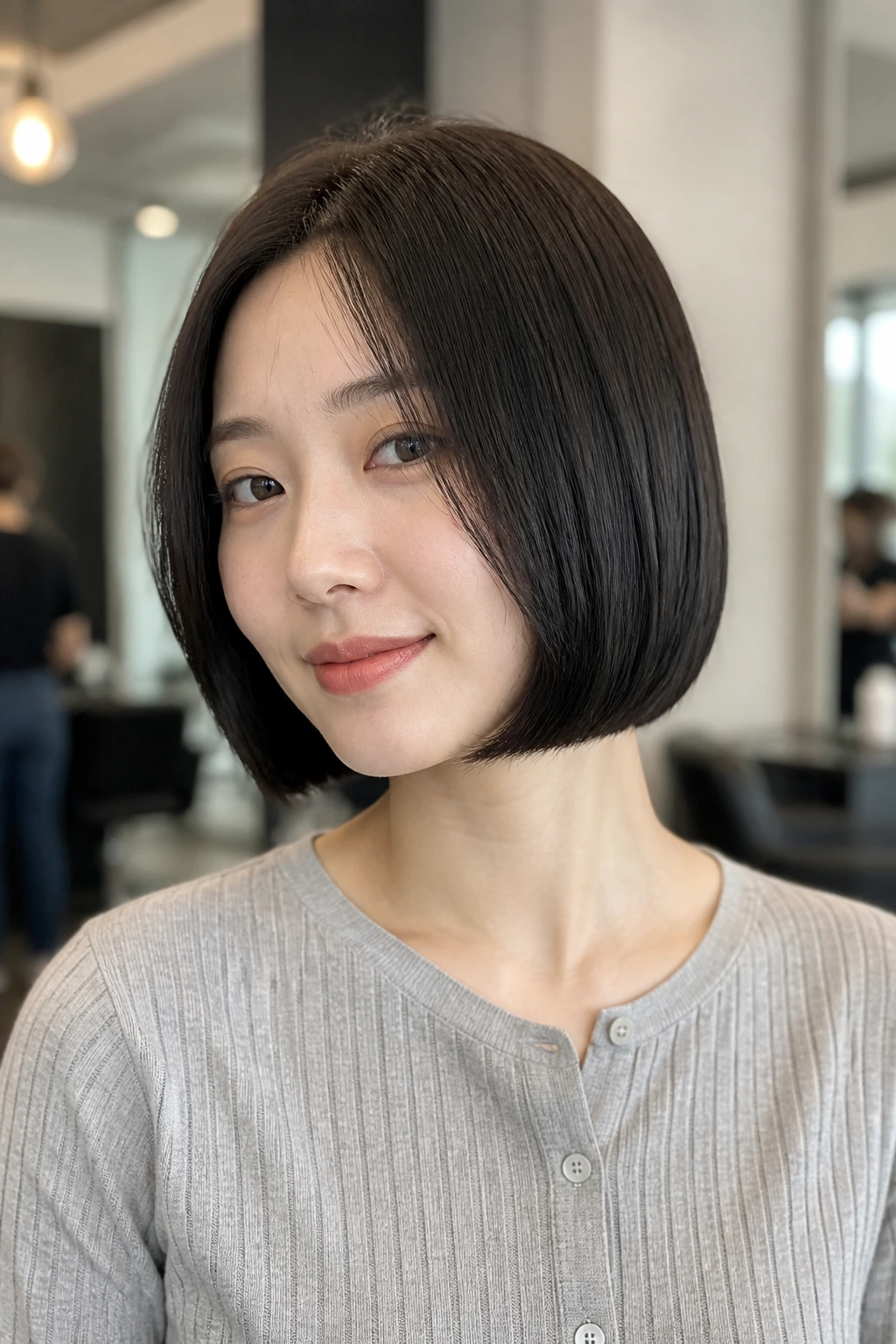 Real person wearing a glass bob with blunt ends and a subtle inward curve.