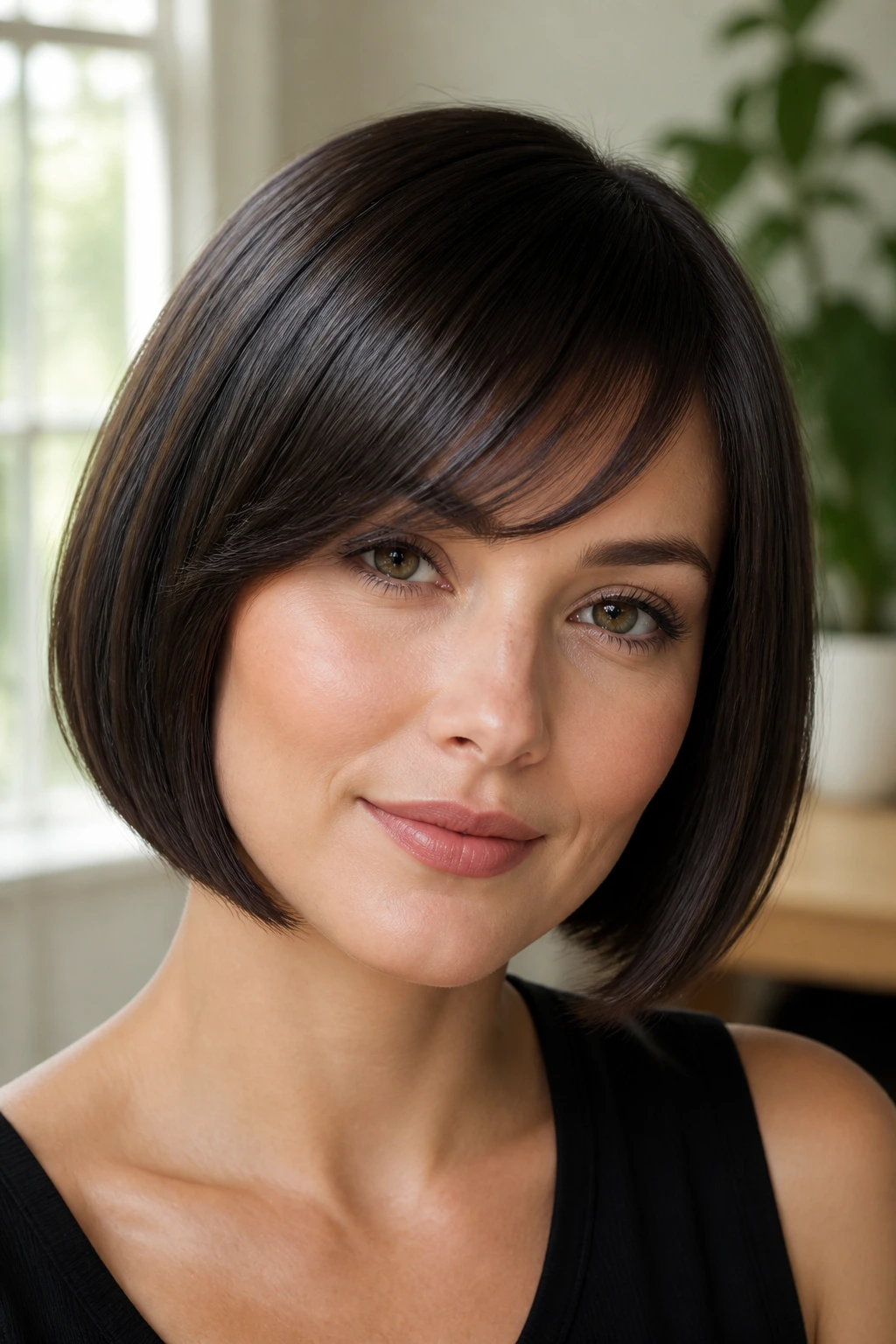 Close-up of a real woman with a sleek glass bob and soft fringe arc