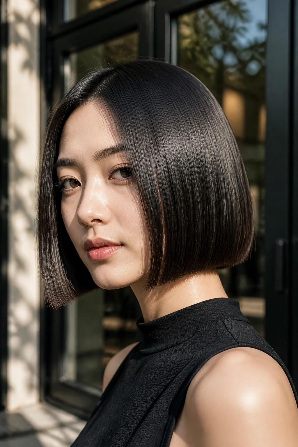 Portrait of a real woman with a glossy glass bob