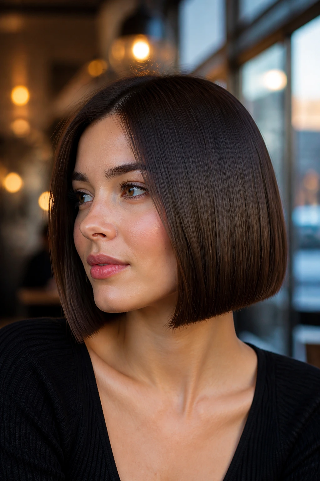 Close-up portrait of a real woman with a glass bob and high shine.