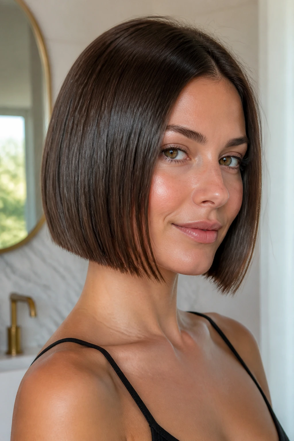 Close-up portrait of a real woman with a chin-length glass bob, sleek and shiny.