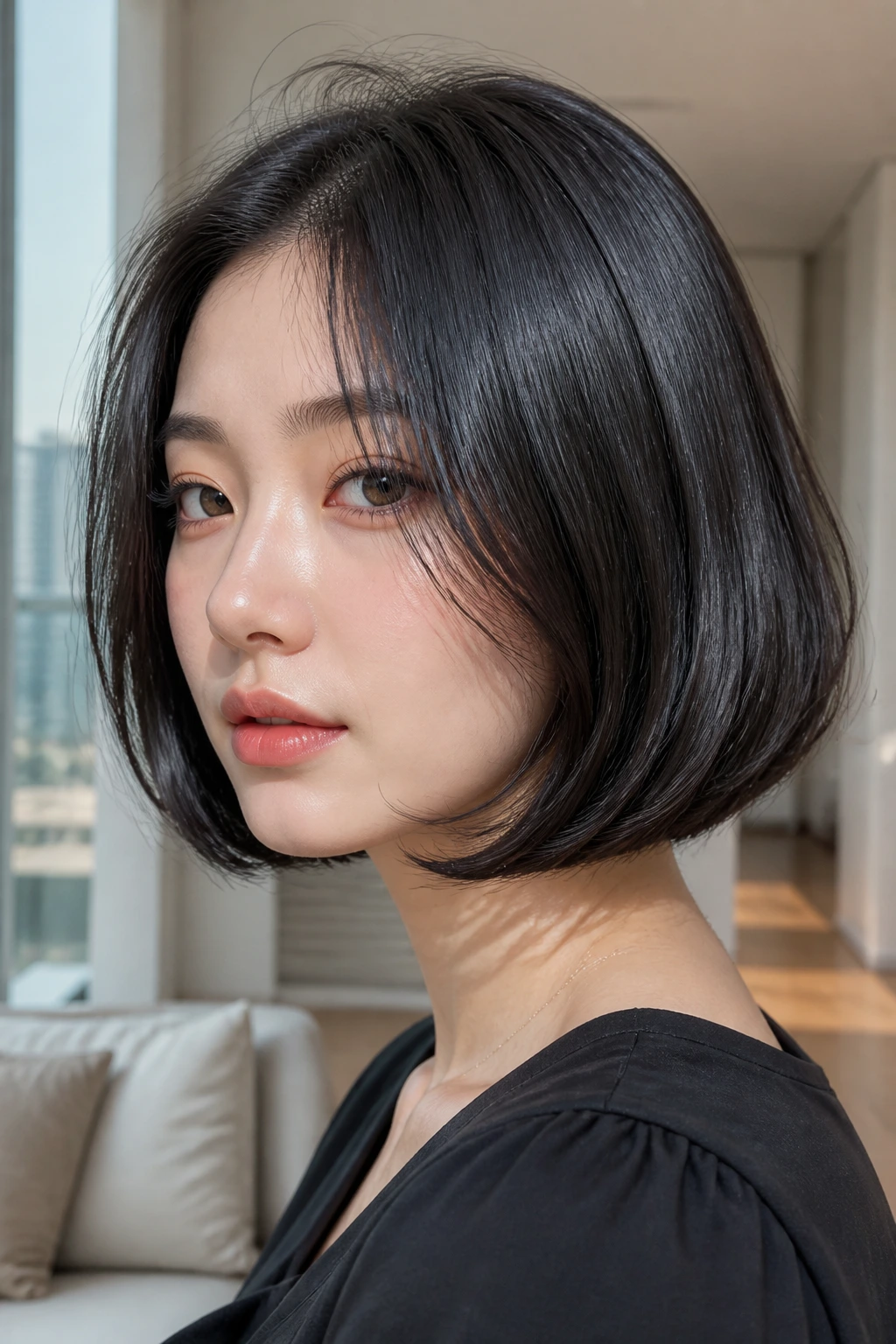 Close-up of a real person with glass bob and soft bend
