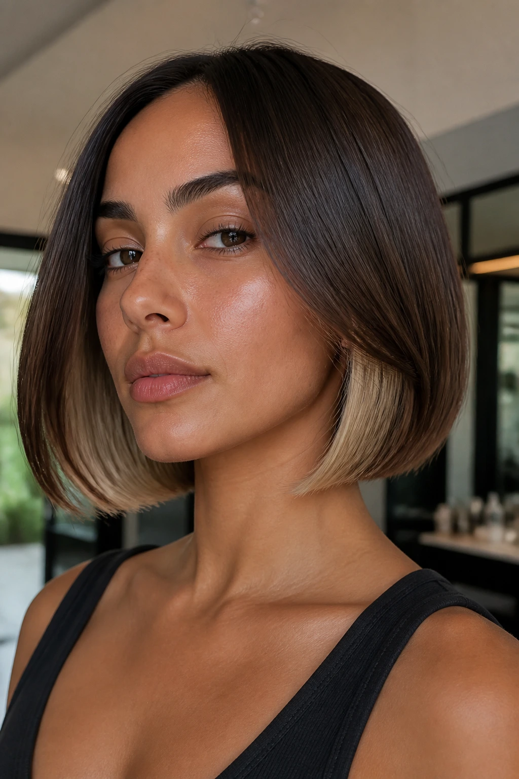 Close-up of person with sleek glass bob and warm blonde underlights