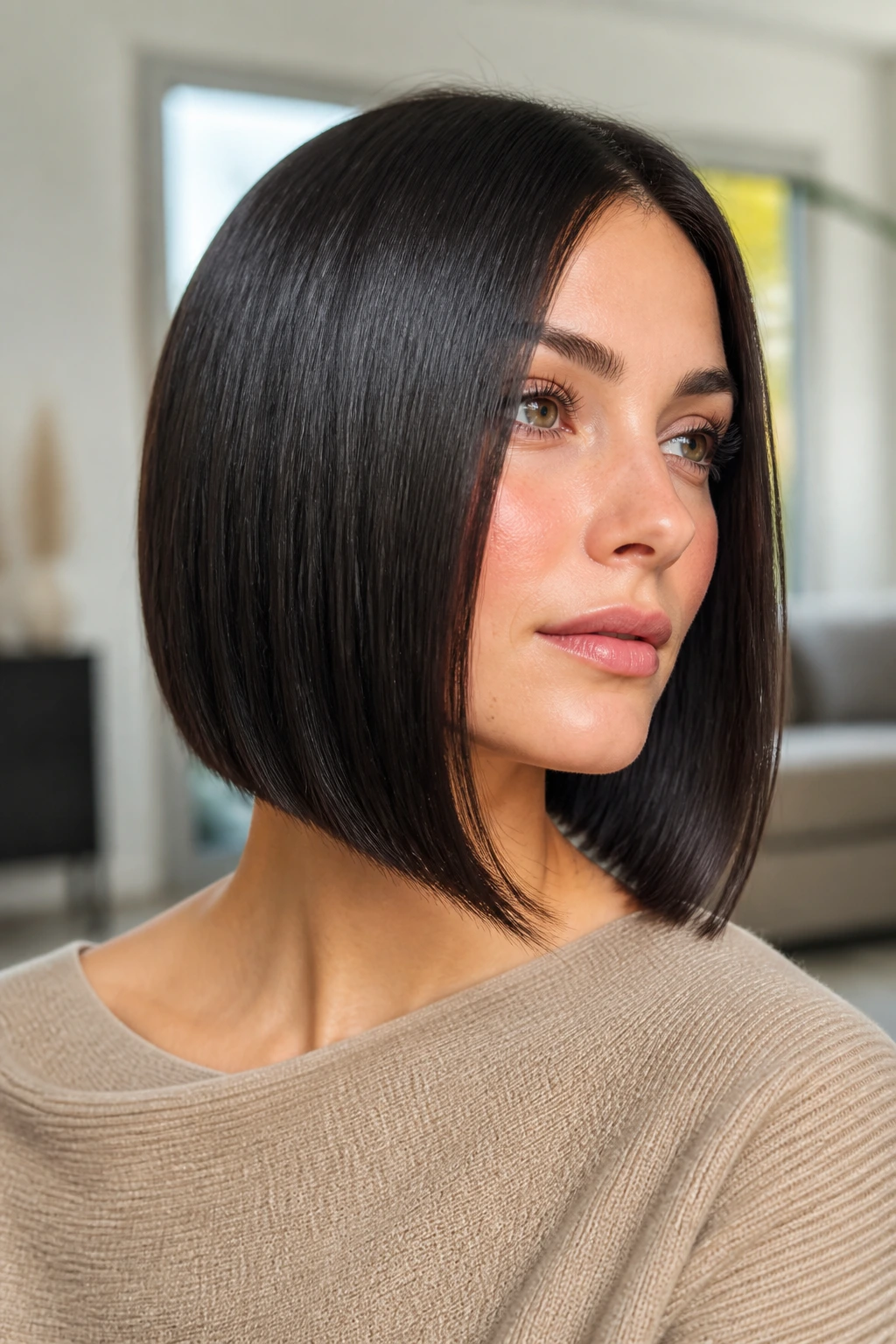 Close-up portrait of a real woman with a glass-hair A-Line Bob and high shine.