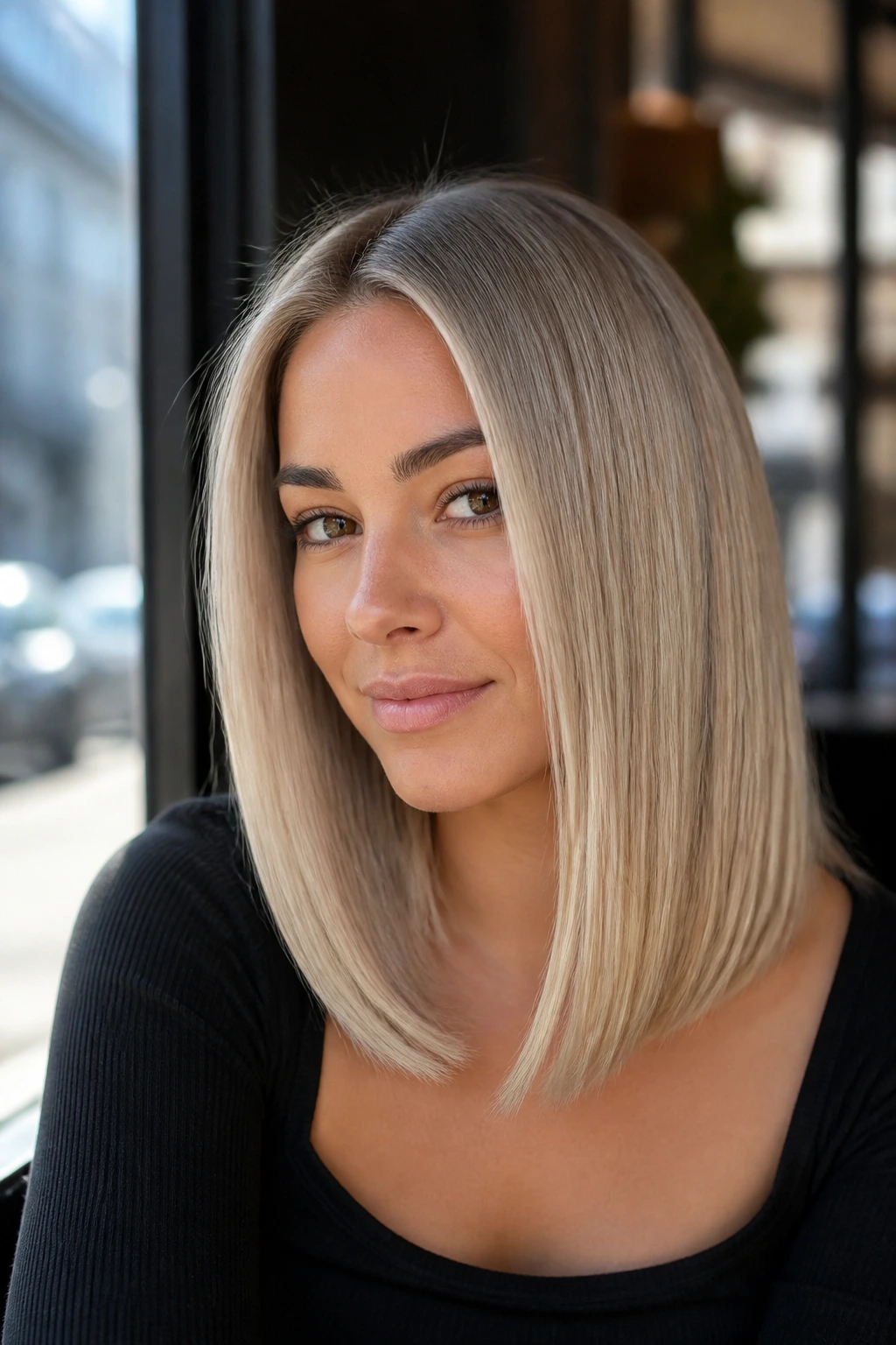 Real woman with beige-champagne glass hair midlength and soft root.