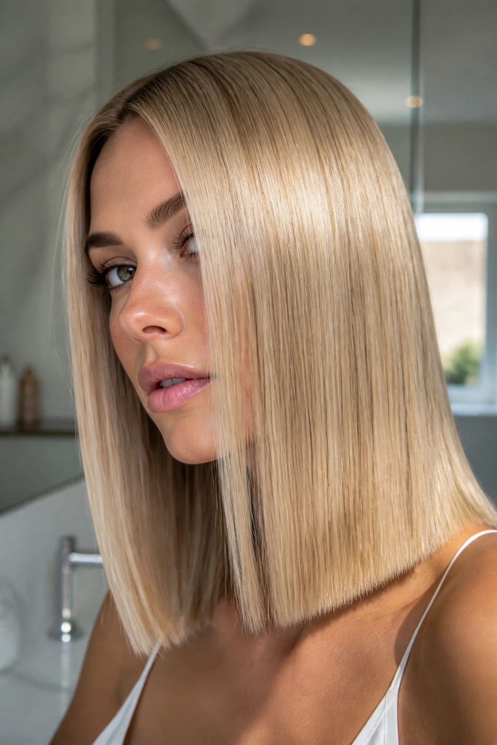 Close-up of a real woman with glass hair and beige glaze in a modern bathroom