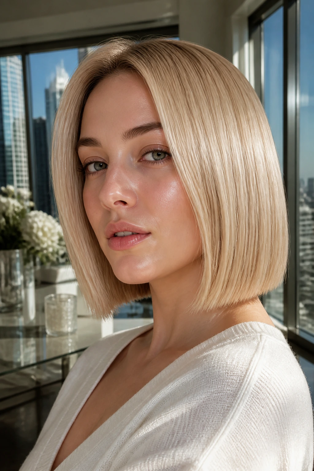 Close-up of glass-hair bob with ultra-glossy reflection on a real person