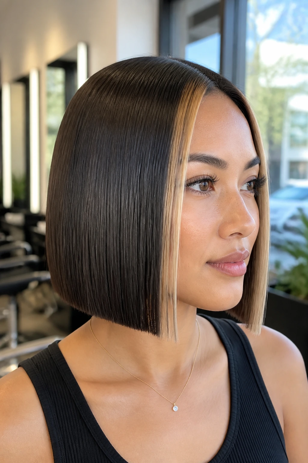 Portrait of a real woman with a glass-hair bob and ultra-clean edges, featuring a narrow bright money piece along the part