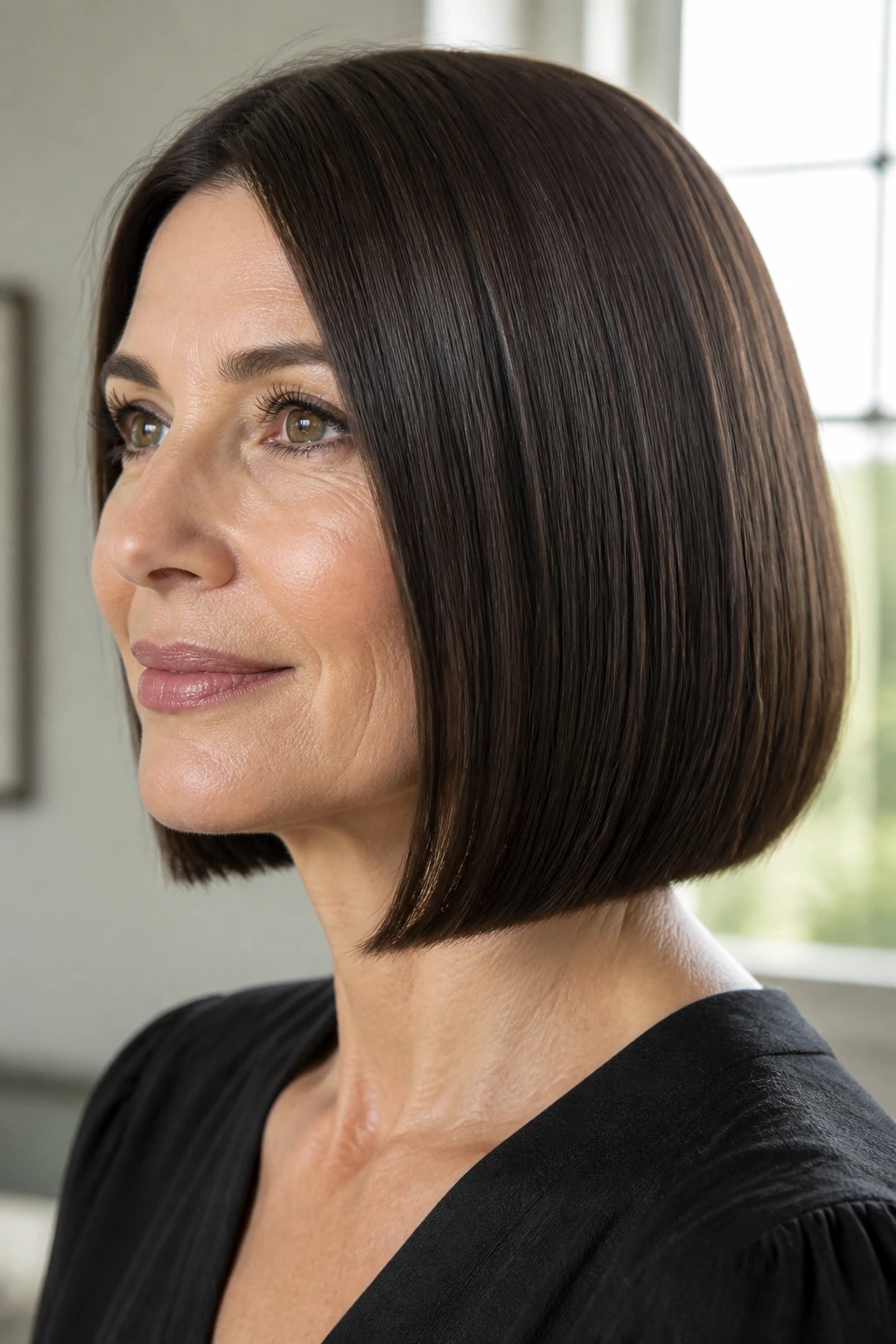 Real woman with a glass-hair bob, ultra-shiny straight hair catching light.