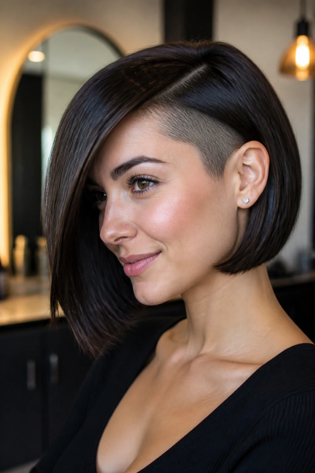 Close-up portrait of a real woman with a glassy bob and hidden undercut in a warm salon.