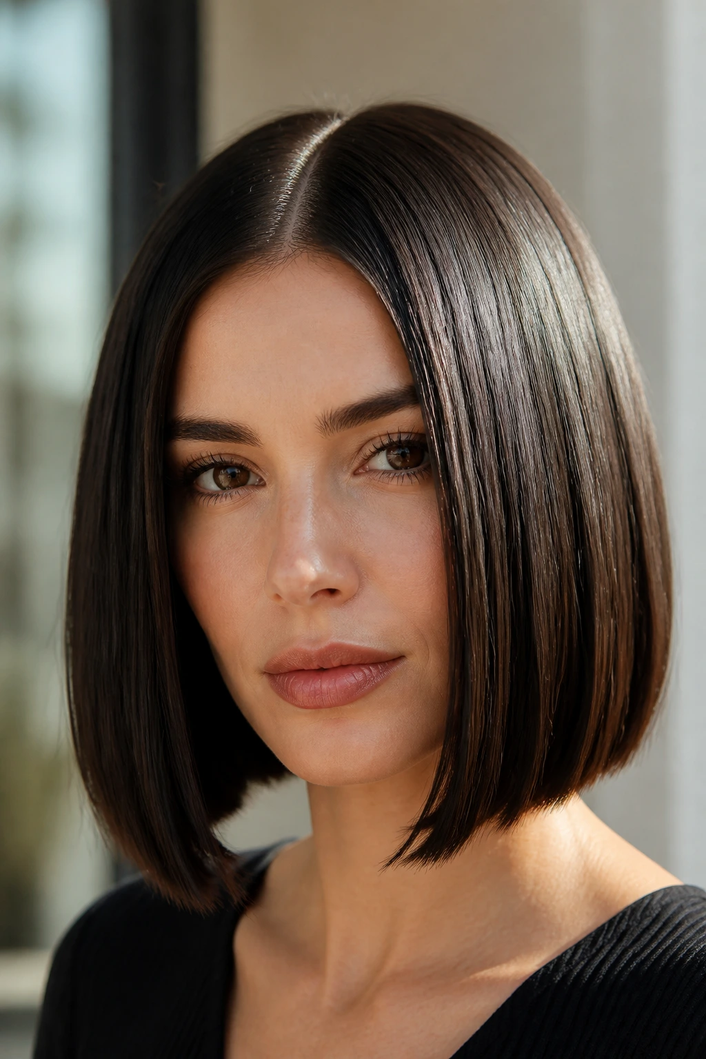 Close-up of a real woman with a glass-hair center-part bob.