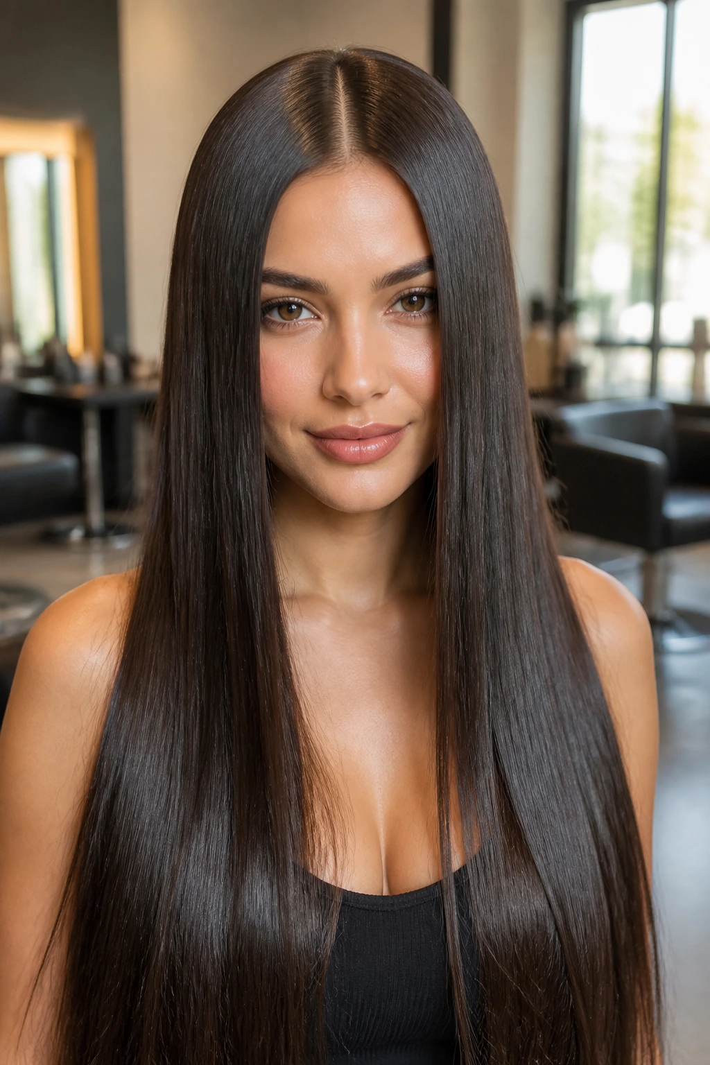 Close-up of a real person with glassy center-parted long straight hair