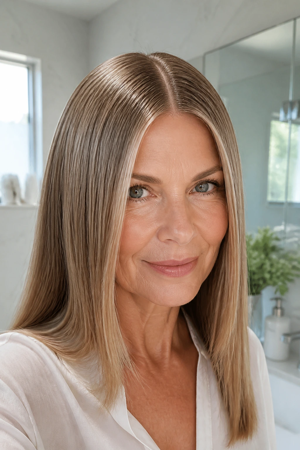 Close-up of a real woman with glass hair and center part