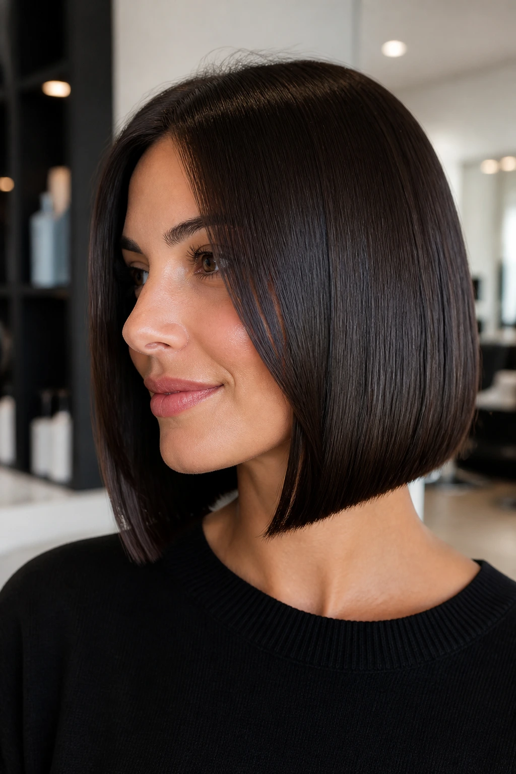 Close-up of a real woman with a glass-hair inverted bob showing invisible interior layers.