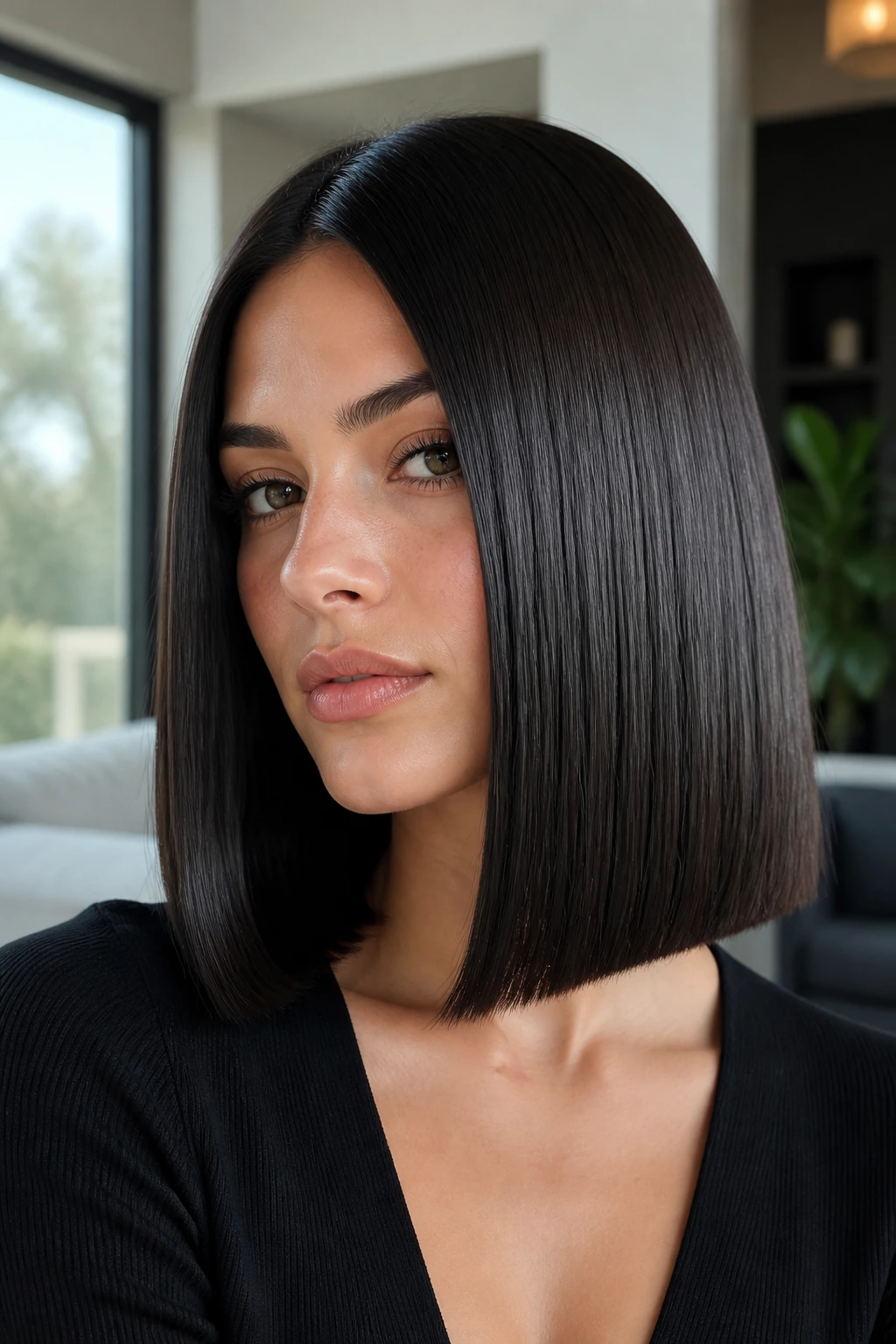 Portrait of a woman with a glass-hair lob, ultra-shiny straight hair.