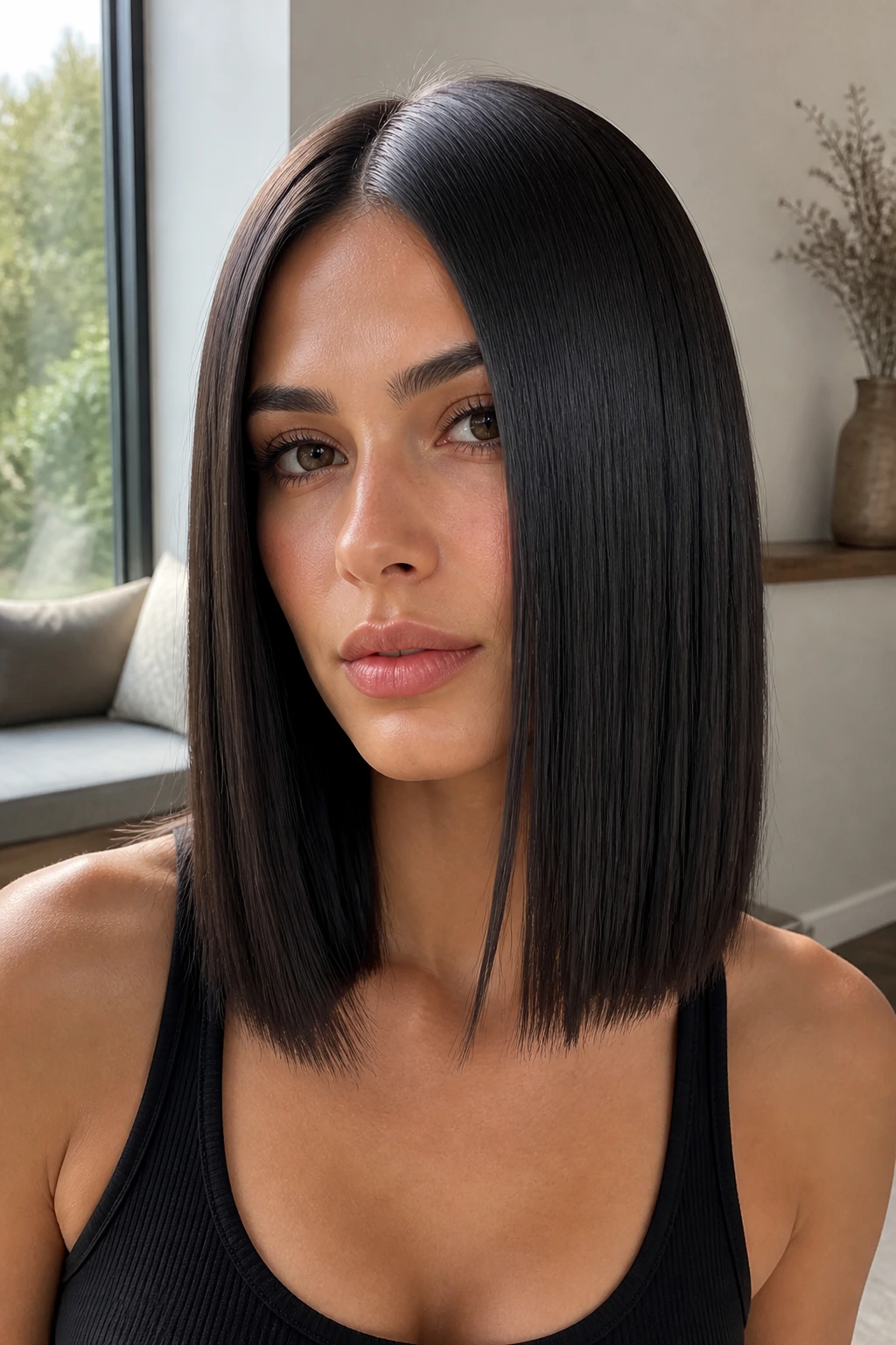 Close-up of a real woman with a glass-hair center-part lob and glossy shine