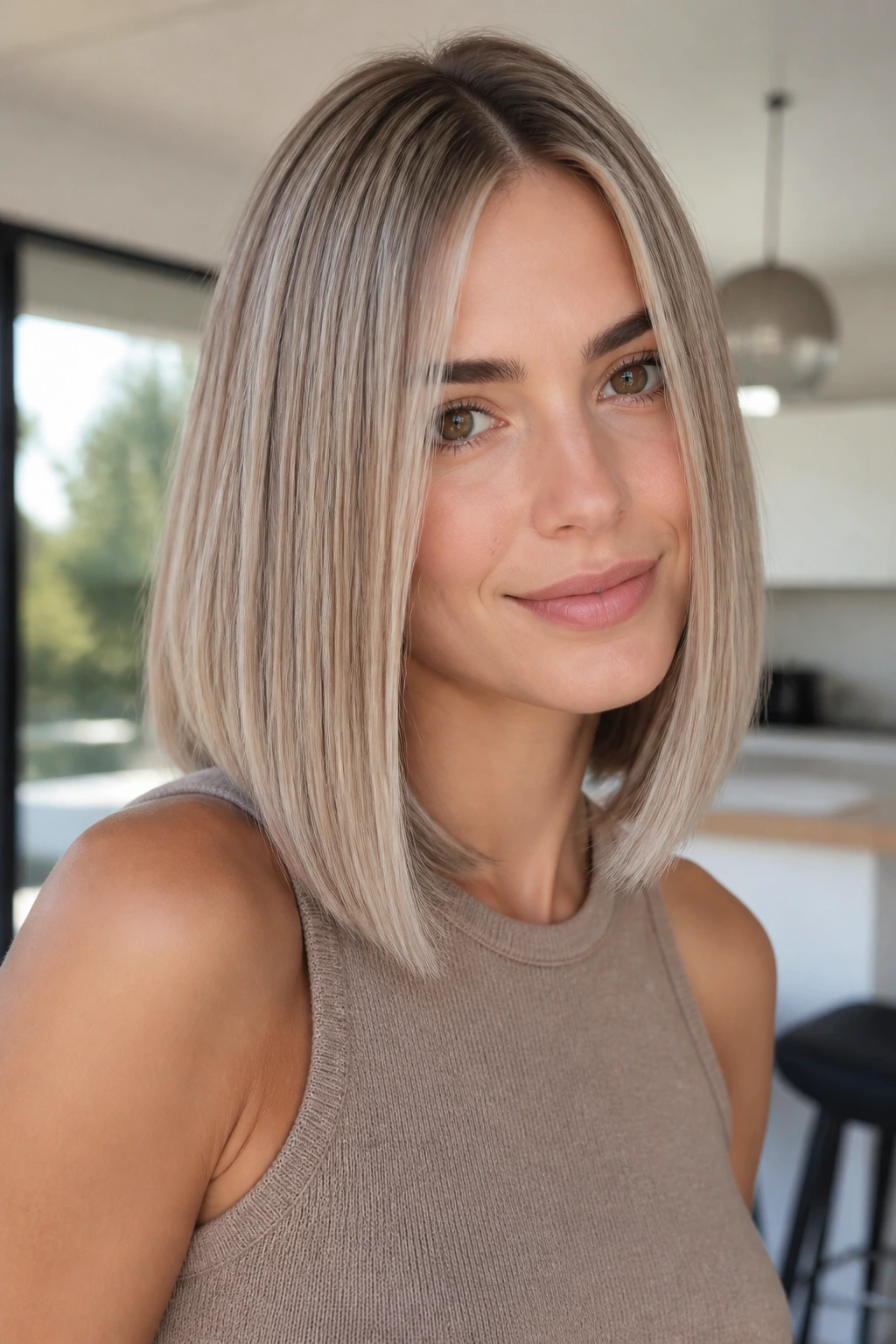 Close-up portrait of a real woman with glass-hair lob and pearl babylights