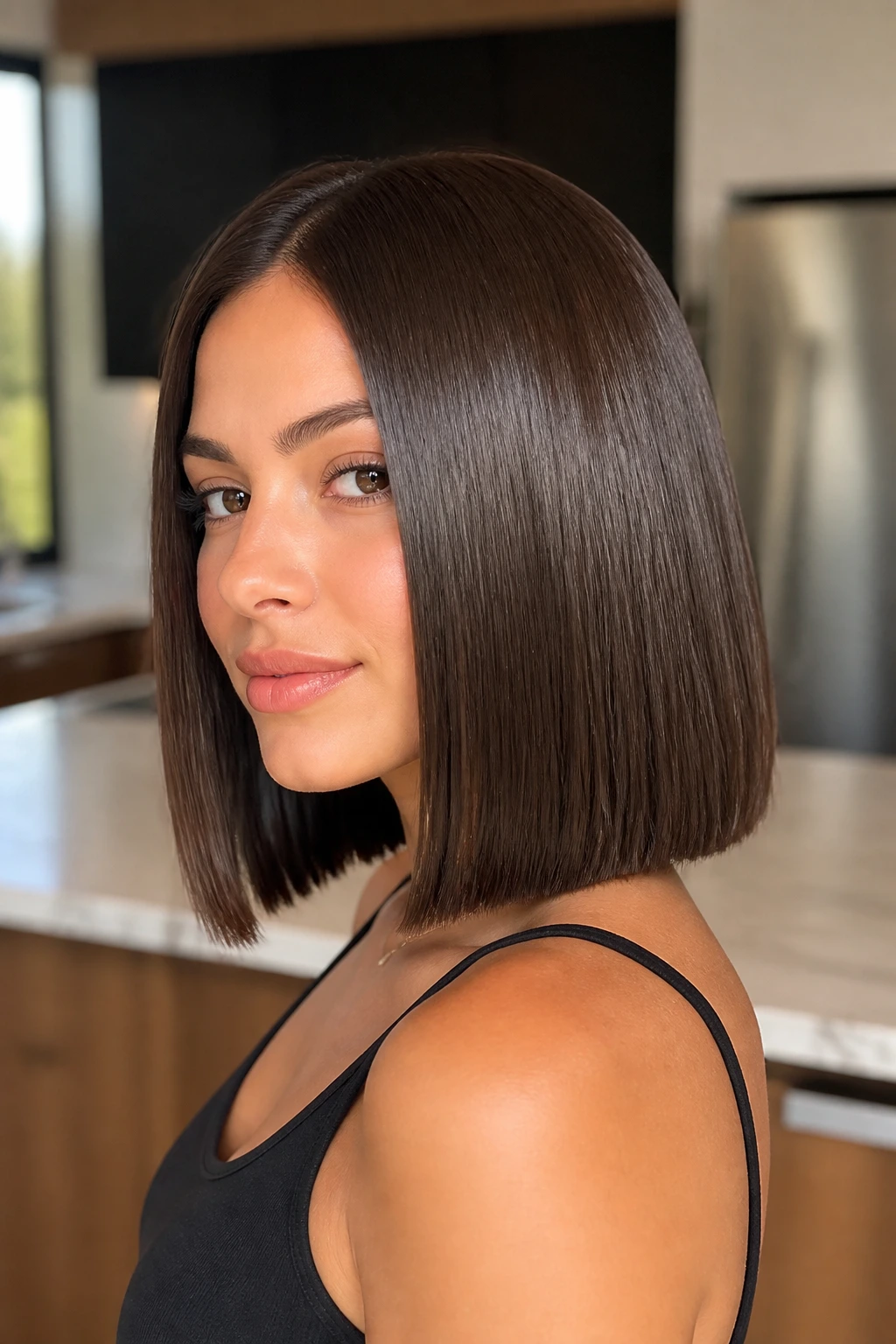 Close-up portrait of a real person with a glassy straight lob and high shine