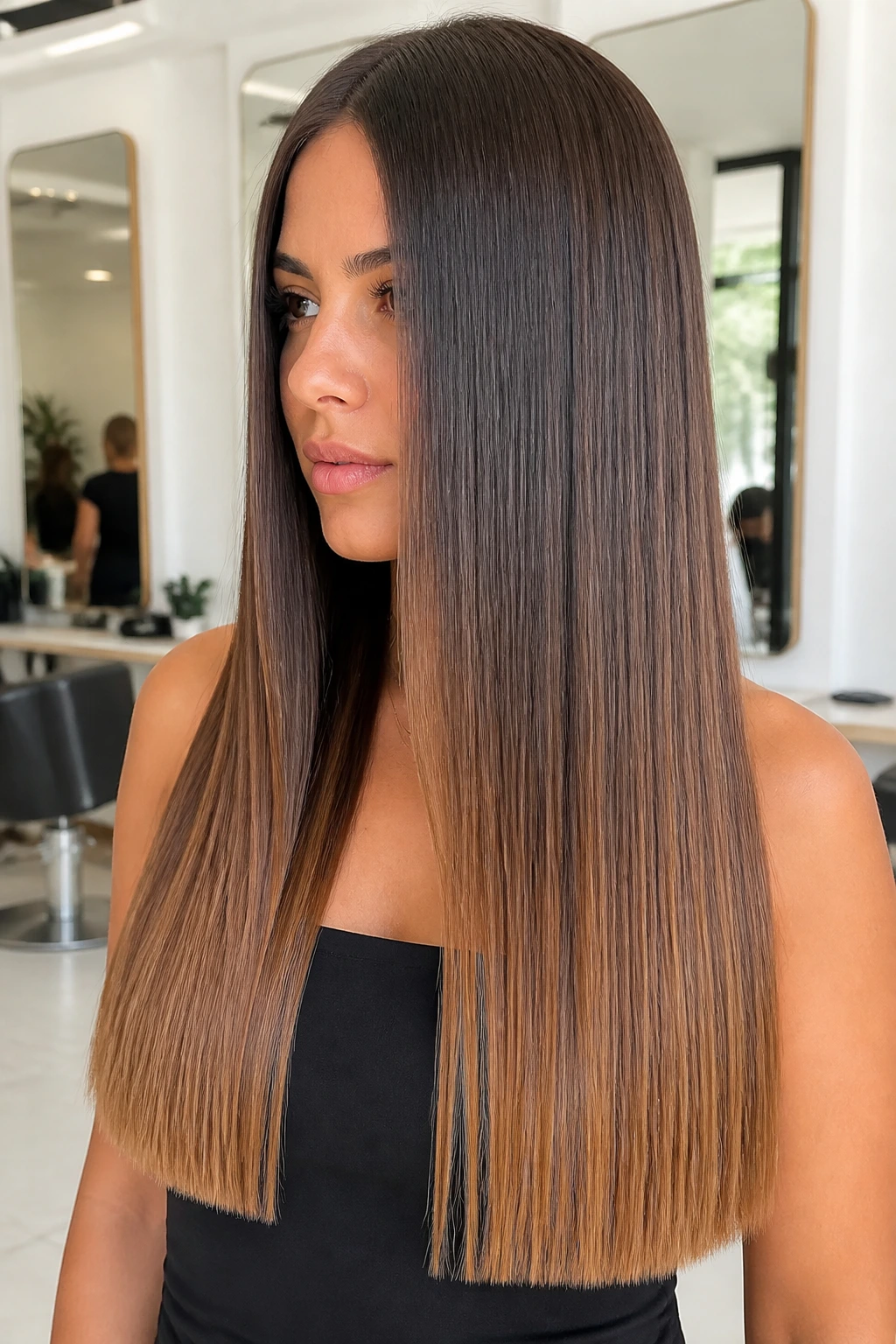 Real person with center-part glass hair and melted ends in caramel tones
