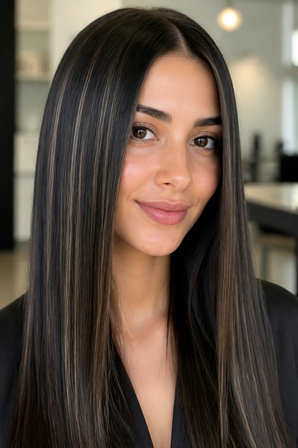 Close-up of a real woman with glass-hair and creamy micro-highlights on dark hair