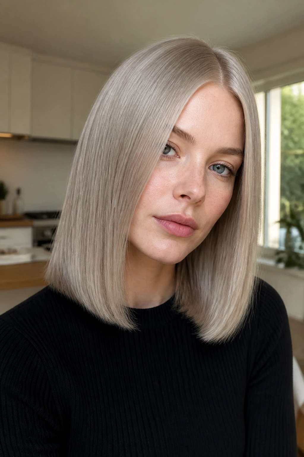 Portrait of a real woman with glass-hair mid-length cut and high shine.