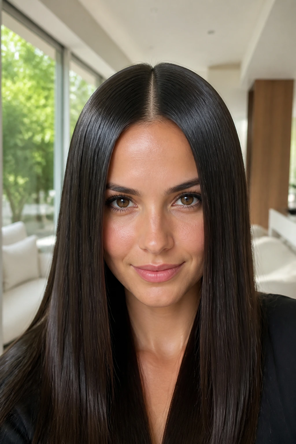 Portrait of a real person with glass hair and a middle part