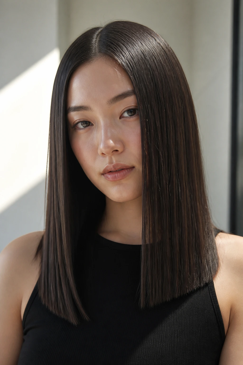 Real person with glass-hair one-length cut and center part