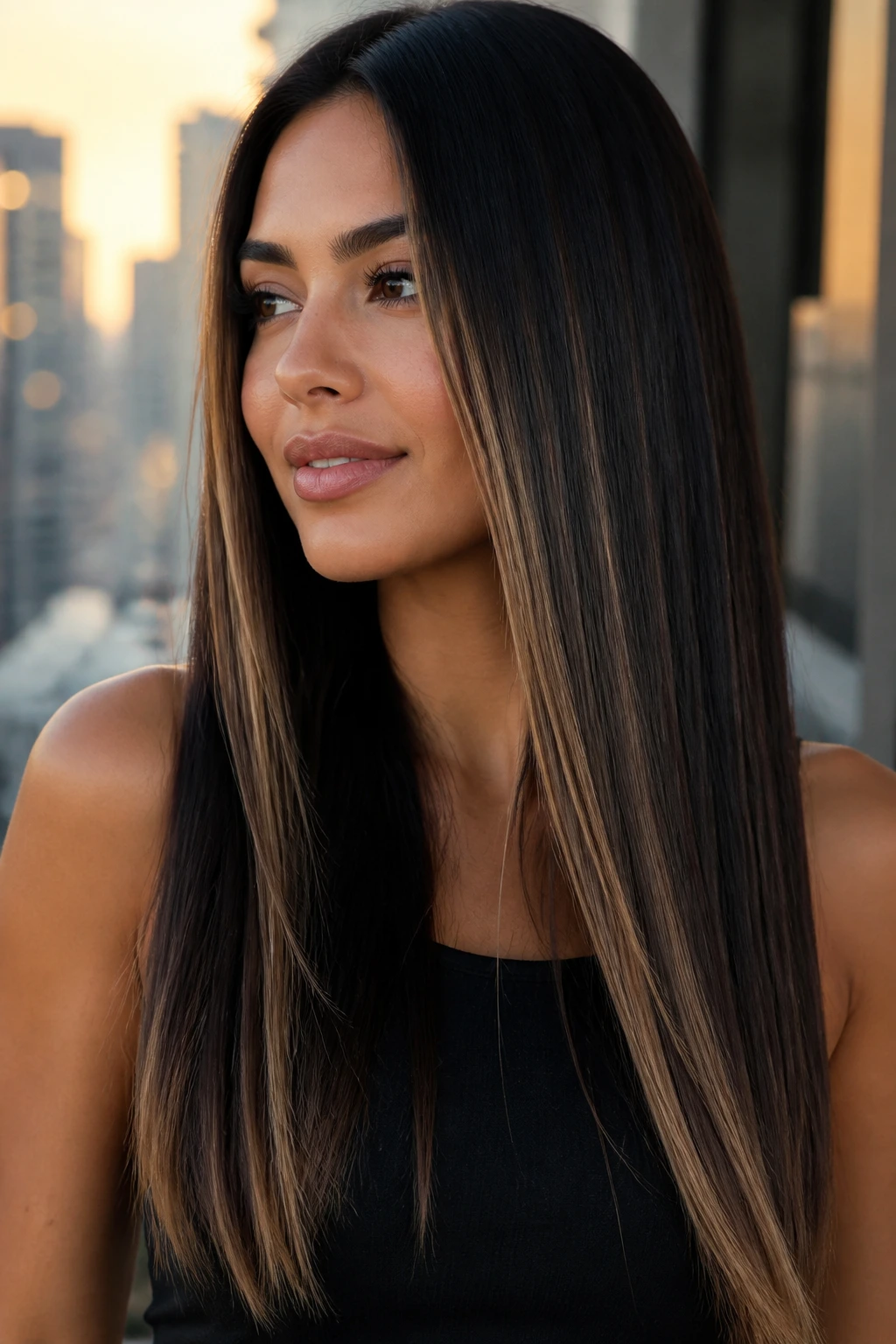 Close-up of a real woman with vertical camel panels on straight dark hair