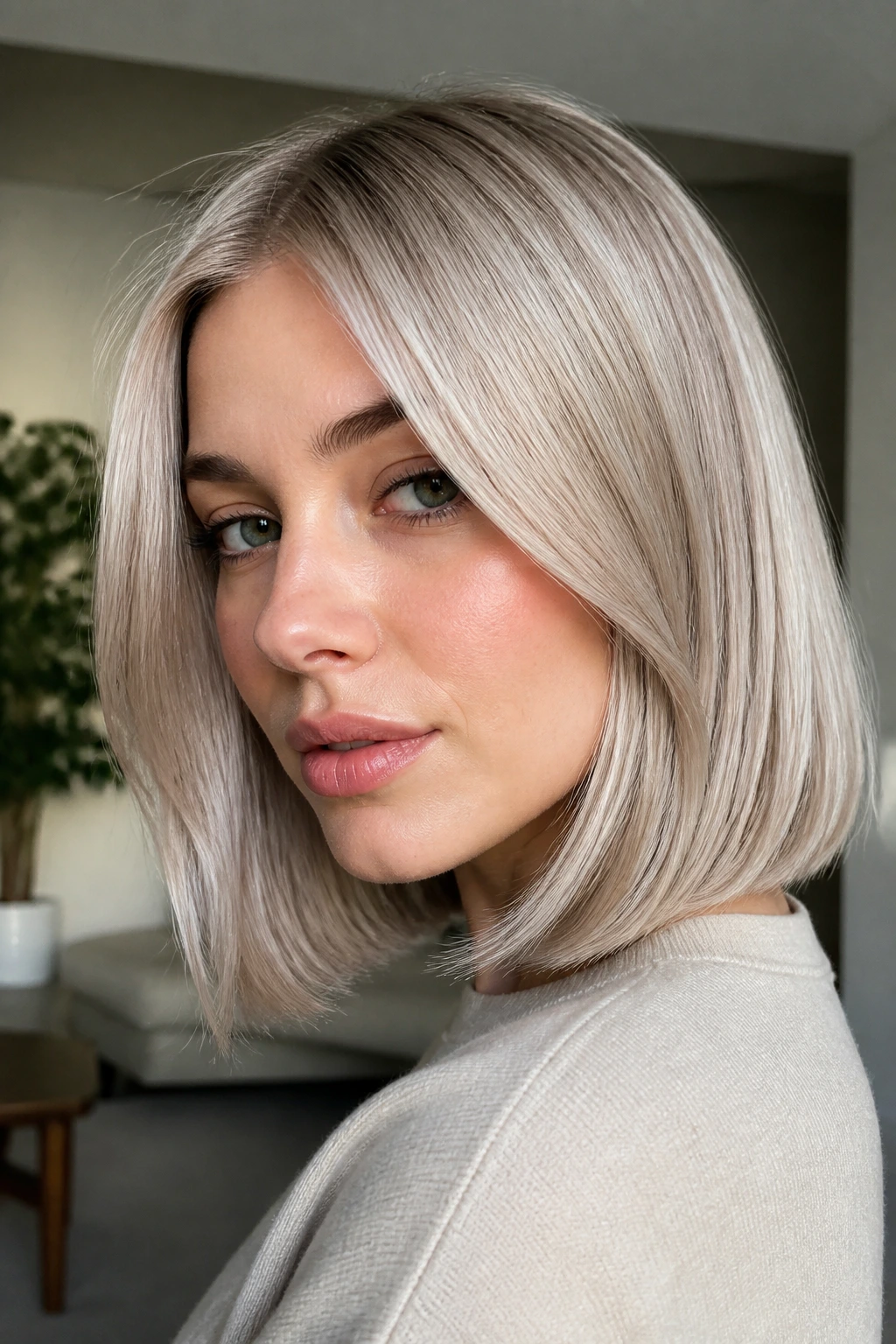 Real person with glass-hair lob in pearl blonde under daylight