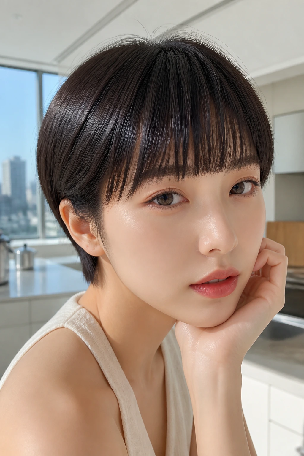 Portrait of a woman with glass-hair pixie and blunt-soft bangs