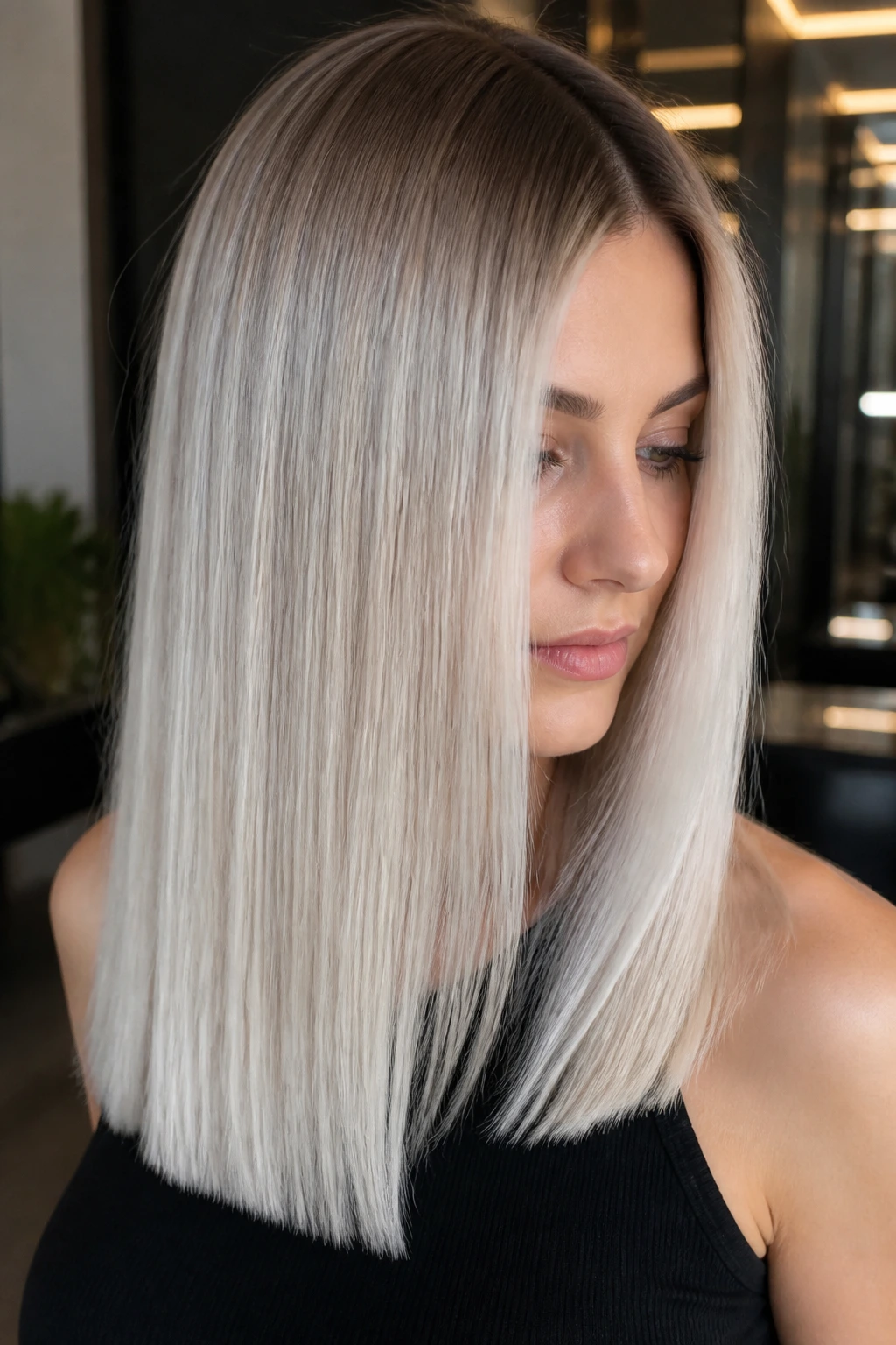 Portrait of a real woman with sleek glass platinum hair and dark roots in a salon setting