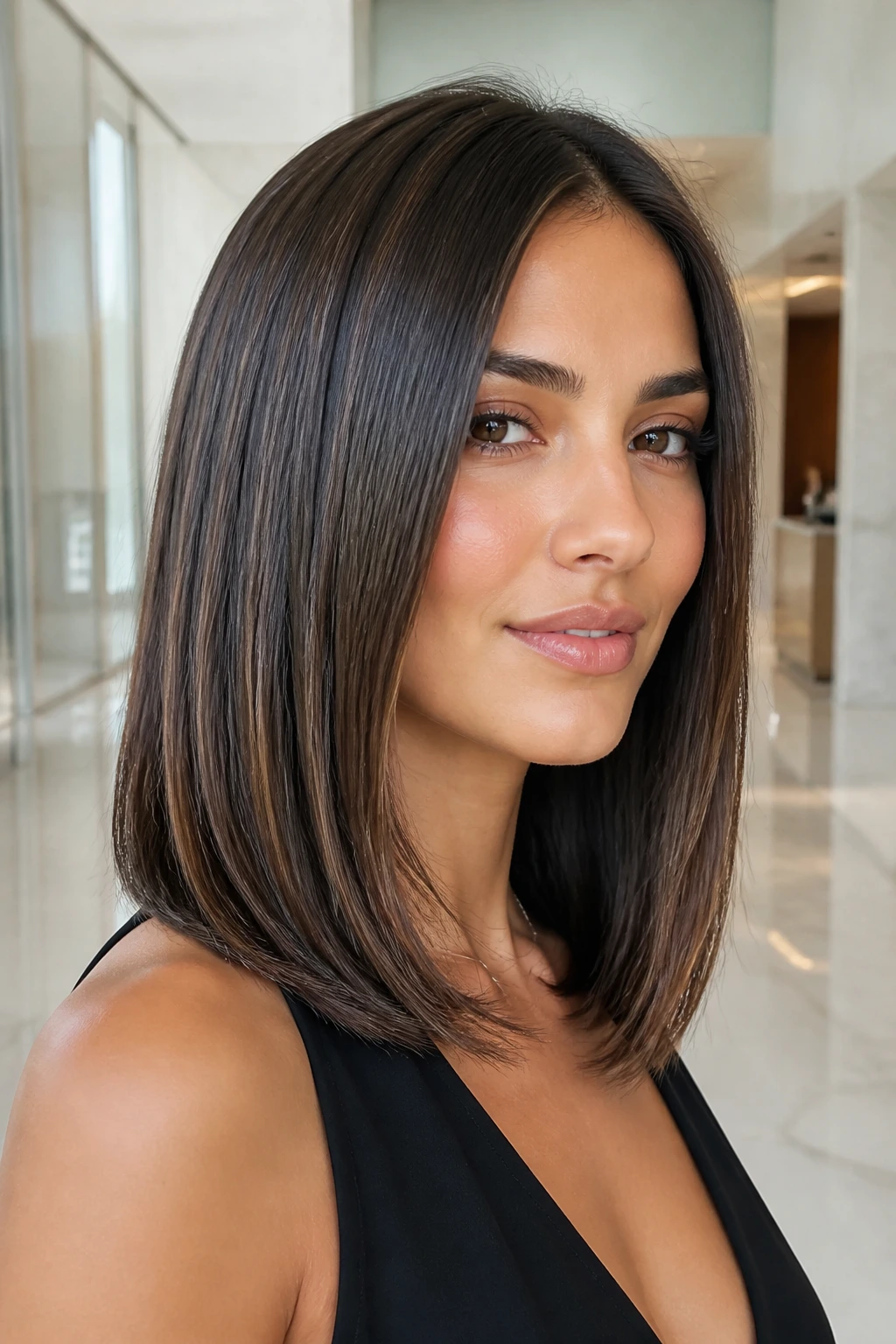Close-up of a woman with sleek glass-hair layers and high shine