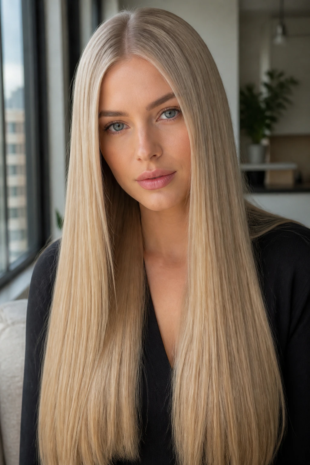 Close-up of a real woman with a glass-hair straight long cut and center part