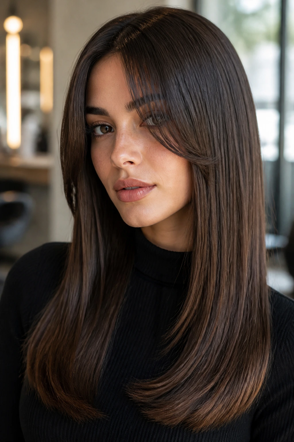 Close-up portrait of a woman with glass-hair straight style and center-split curtain bangs