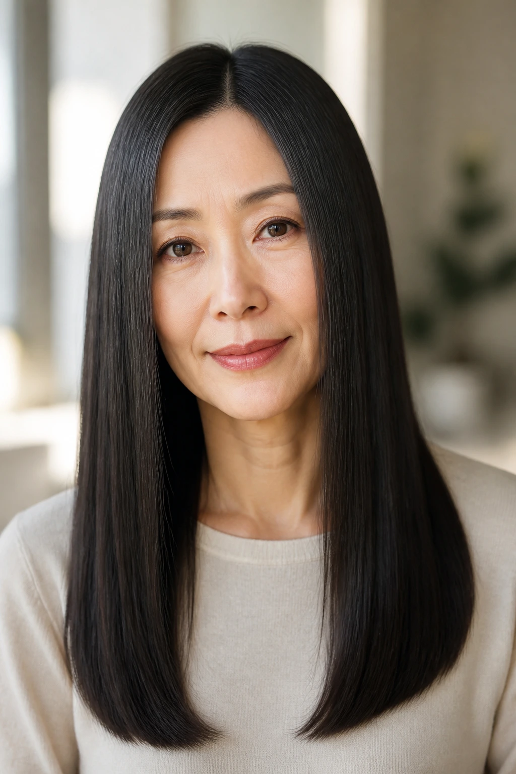 Close-up portrait of a real woman with a glass-hair straight cut and crisp center part
