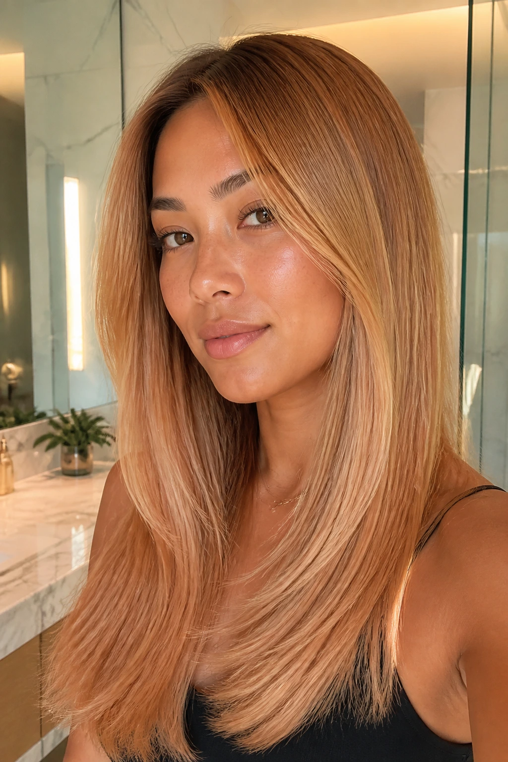 Close-up of glossy glass hair with warm strawberry veil and shadowed roots on a real person.