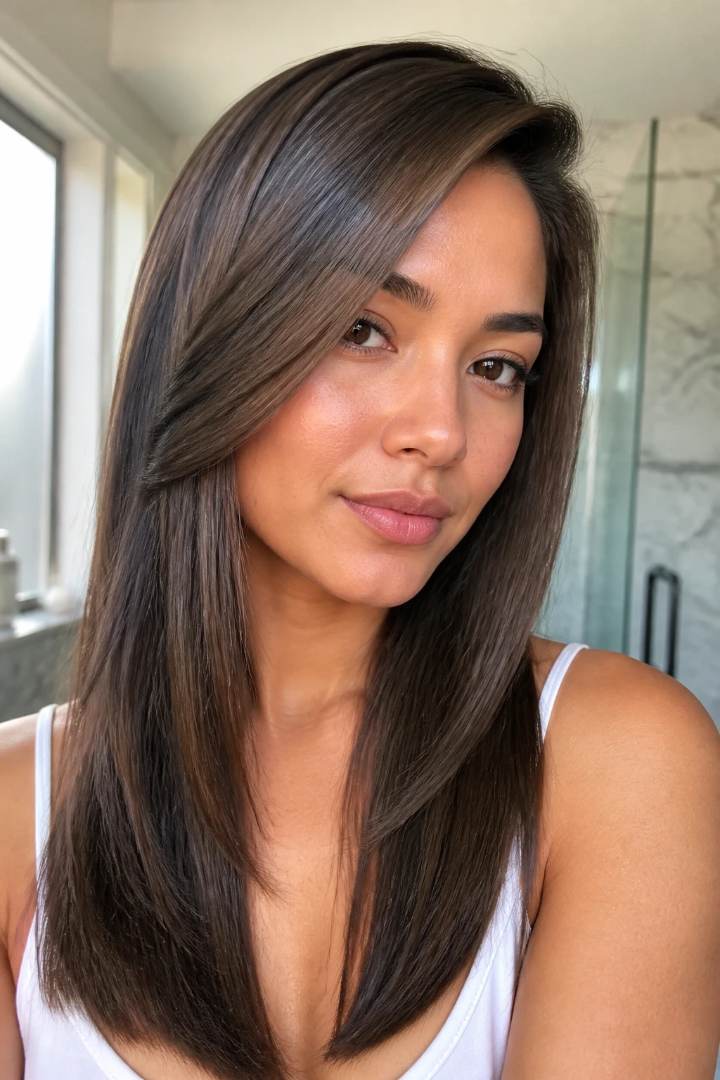 Portrait of a woman with straight glass-hair sweep and crisp edges.