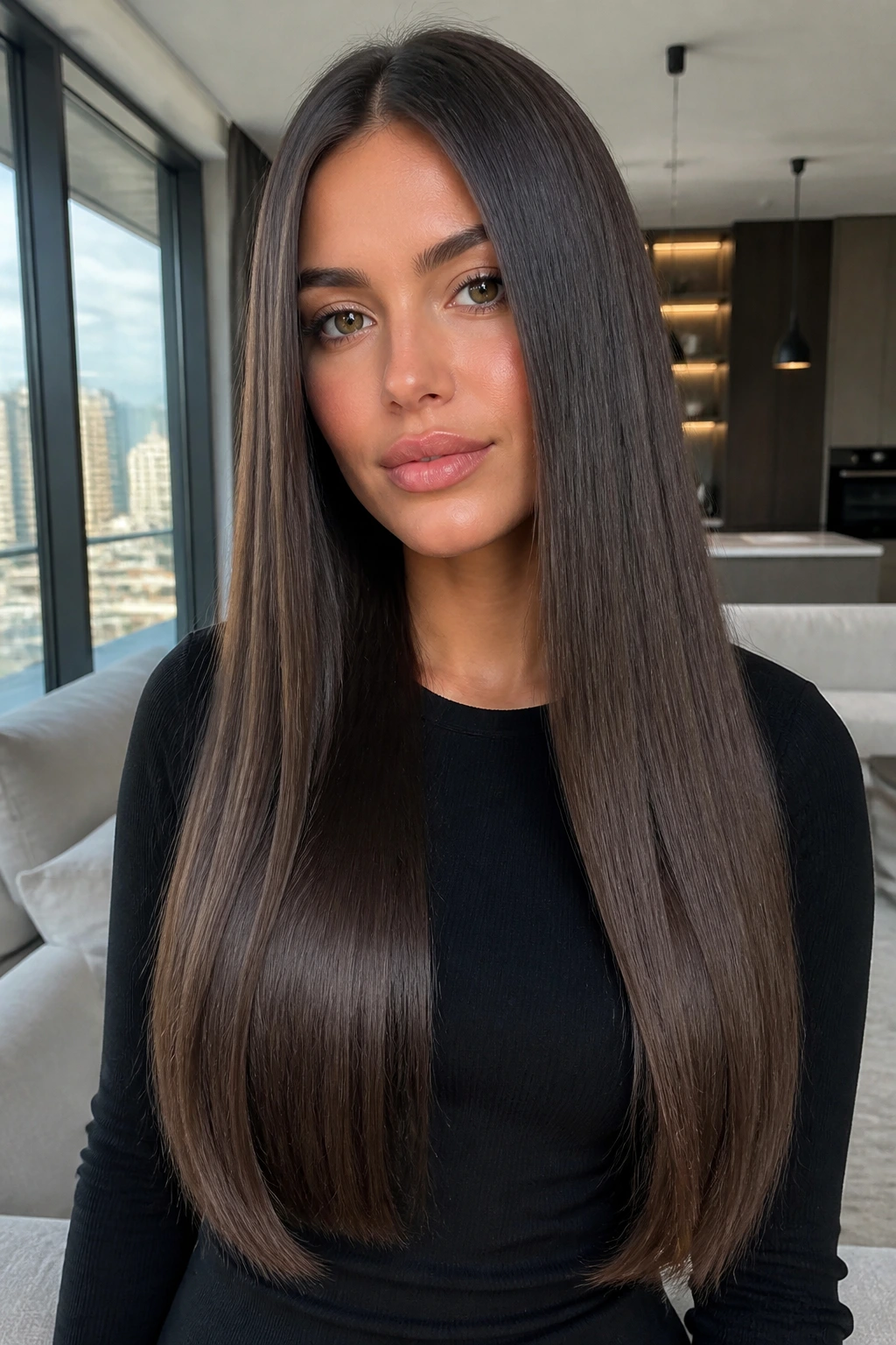 Close-up of a real woman with long glass-length straight hair and center part