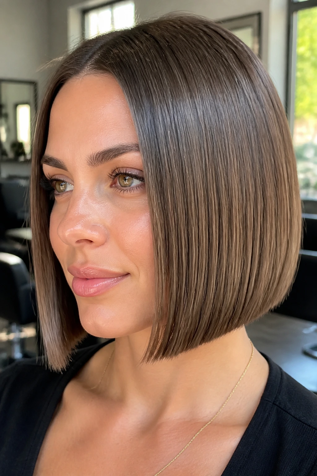 Close-up portrait of a woman with a glass lob hairstyle, blunt jaw-length cut and shine